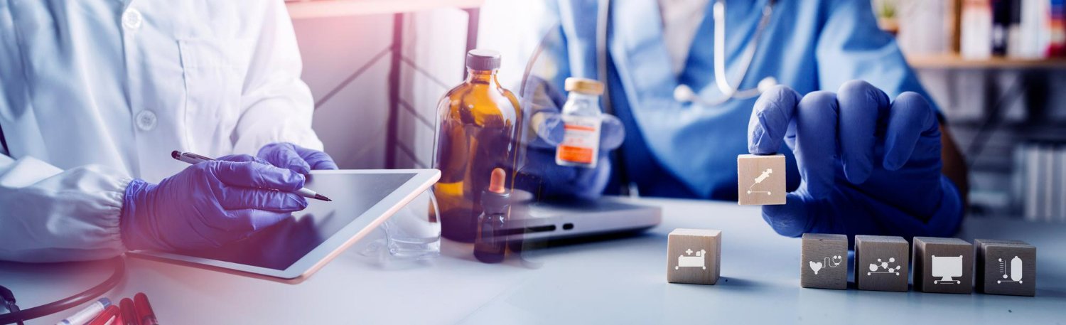 double exposure doctor working with modern virtual screen interface healthcare medicine concept blurred background